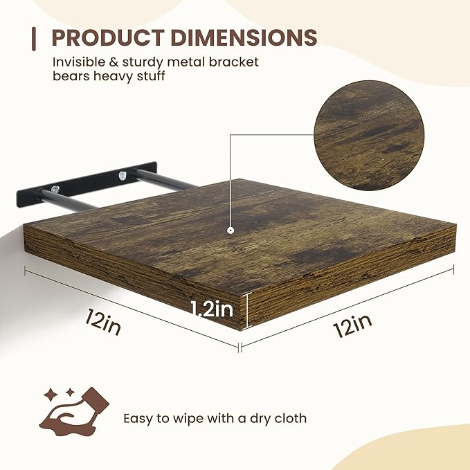 Fun Memories Square Floating Shelves for Wall - 12 Inch Deep Floating Shelves with Invisible Brackets, Brown Small Wall Shelf for Living Room, Bathroom, Bedroom, and Kitchen Decor，Set of 4