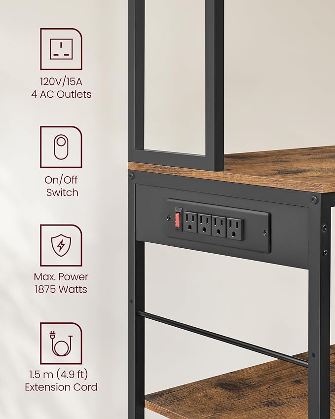 VASAGLE Bakers Rack with Charging Station, Coffee Bar, 15.7 x 39.4 x 71 Inches, Kitchen Microwave Stand, Adjustable Storage Shelves, Fabric Drawer, 12 Hooks, Rustic Brown and Ink Black UKKS027K01