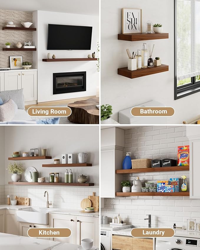 Walnut Floating Shelves for Wall Mounted, 2 Inch Thick Wooden Floating Shelves, 8 Inch Deep Shelves Over Toilet, 36"x8" Wall Shelves for Kitchen Living Room Bathroom, 50LBS Capacity, Set of 2