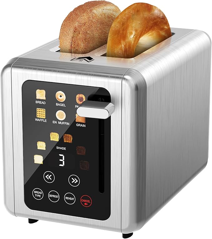 Touch screen Toaster 2 slice,Stainless Steel Digital Timer Toasters with Sound Function,6 Bread Types & 6 Shade Settings,Smart Extra Wide Slots Toaster with Bagel,Defrost Functions,Platinum