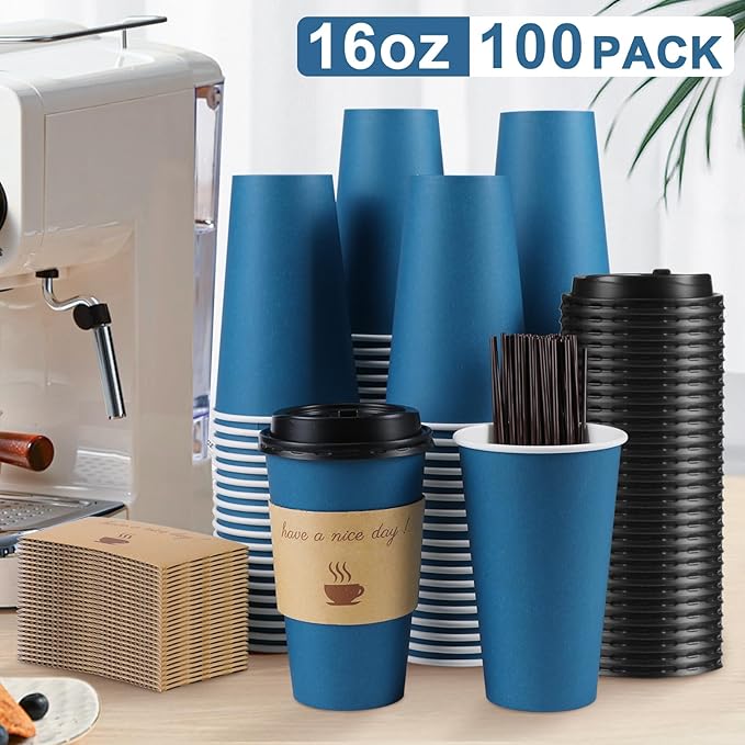100 Pack 16 oz Coffee Cups with Lids, Disposable To Go Paper Coffee Cups with Sleeves and Stirring Sticks for Hot/Cold Drinks Office Home Shop Event (Navy)