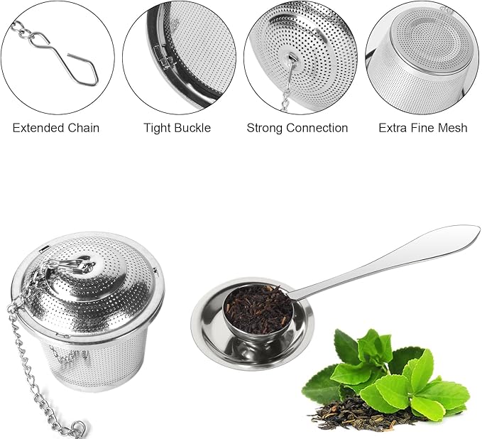 Numola Tea Infuser for Loose Tea, Loose Leaf Tea Infusers Set, Fine Mesh Tea Steeper with Spoon and Drip Trays, Tea Diffusers with Extented Chain Hook for Tea Lovers