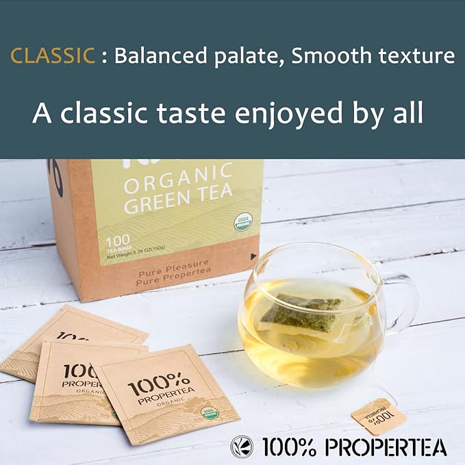 100% Propertea Organic Green Tea Bags, 100 Count, Individually Wrapped, Classic Taste, Caffeinated, Rich in Antioxidants