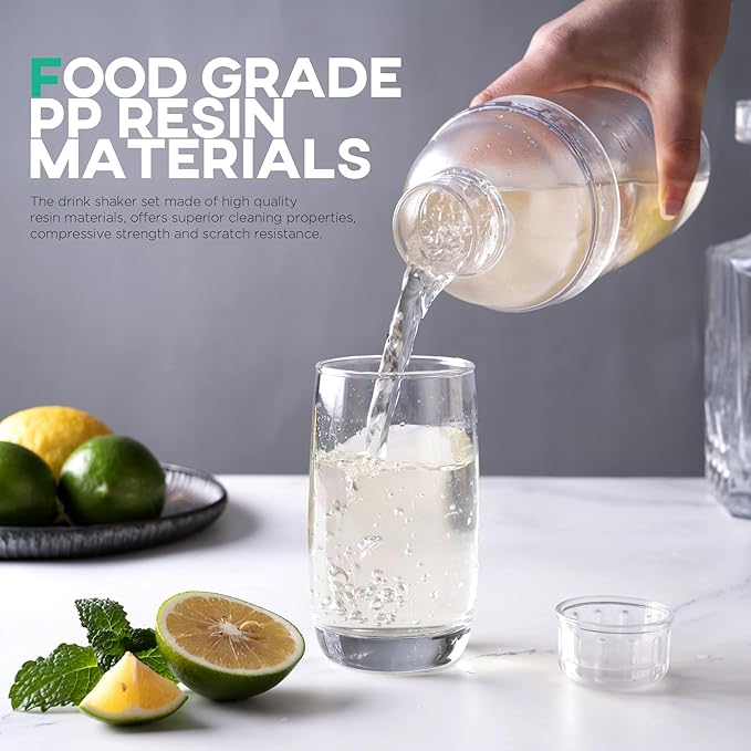 Homestia 3 Pack Plastic Cocktail Shaker with Extra 3 Caps, 700cc / 24 oz Clear Boba Tea Cup Matcha for Milk Wine Coffee Mixing, Bar Tool Hand Drink Mixer w/Scales and Strainer Top Clear Shaker Cup