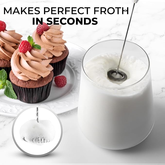 Zulay Kitchen Powerful Milk Frother Wand With 4 AA Duracell Batteries - Ultra Fast Handheld Drink Mixer - Electric Whisk Foam Maker for Coffee, Lattes, Cappuccino, Matcha & Creamer