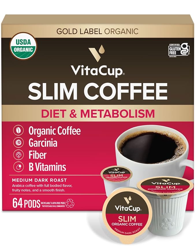 VitaCup Slim Organic Coffee Pods, Diet Support with Ginseng, Garcinia, B Vitamins, Bold Medium Dark Roast, Single Serve Pod, Compatible with Keurig K-Cup Brewers,64 Ct