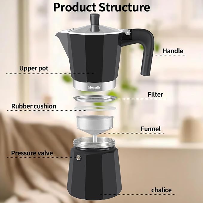 Mongdio Stovetop Espresso Maker Moka Pot, Stove Top Cuban Coffee Maker, Italian Greca Mocha Pot, 12 Espresso Cups, 20 oz - Black