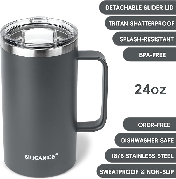 14/24oz Insulated Coffee Mug Cup With Handle, 304 Stainless Steel Vacuum Insulation, Tritan Detachable Slider Lid, BPA Free, Dishwasher Safe - Office & Home - Gray