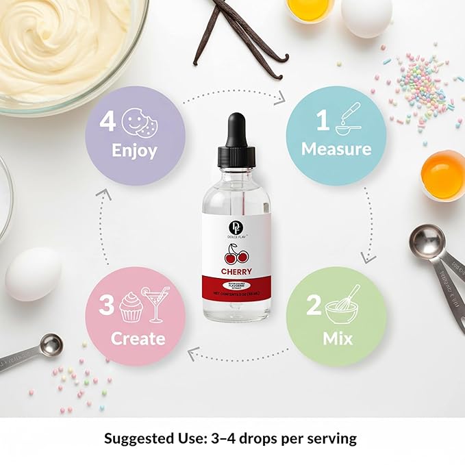 Dolce Flav Natural Cherry Extract – 2 oz Water-Soluble Pure Cherry Flavoring Drops for Baking, Drinks & Desserts | Highly Concentrated | Sugar Free | Allergen Free | Made in USA