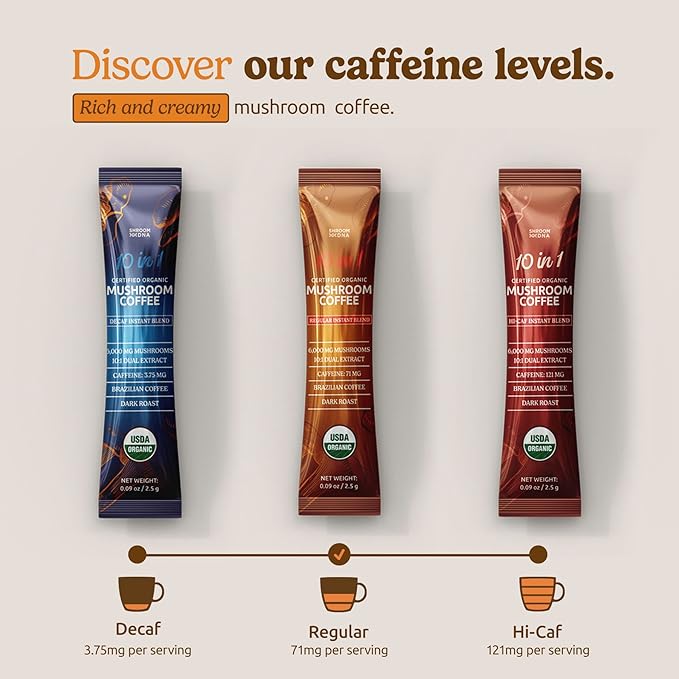 10-in-1 USDA Certified Organic Mushroom Coffee Instant, Instant Mushroom Coffee Brazilian Dark Roast for Better Energy, Focus, Gut Health, 30 Sticks, Regular Caffeine - MatchaDNA
