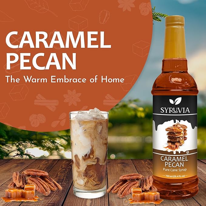 Syruvia Coffee Syrup, Caramel Pecan Flavored Syrup for Drinks, Lattes, and Desserts – 25.4 fl oz