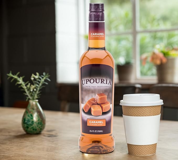 Upouria Caramel Coffee Syrup Flavoring, 100% Vegan, Gluten-Free, Kosher, 750 mL Bottle (Pack of 4) with 2 Syrup Pumps