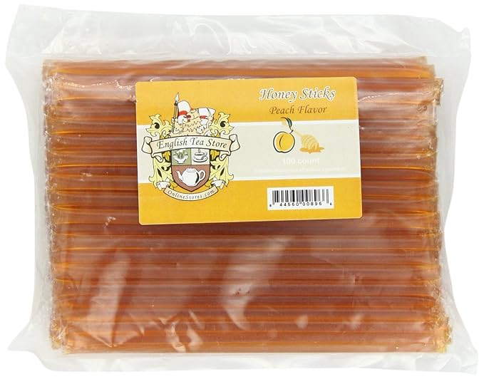 English Tea Store All-Natural Honeystix With Gluten-Free Grade A Honey | Mini Honey Sticks For Tea, Cake Pops Or Snacks | Portable Sweet Treat | Peach Flavored Honey Sticks - 100 Count
