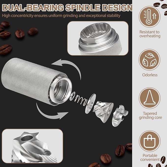 Non-Detachable Manual Coffee Grinder with 25 Level Stainless Steel Conical Burr Portable Aluminum Coffee Bean Grinder Suitable for Moka Pot Espresso French Press Pour Over Easy Cleaning with Brush
