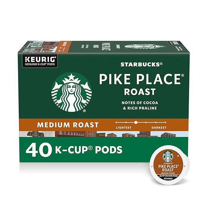 Starbucks K-Cup Coffee Pods, Medium Roast Hot or Iced Coffee, Pike Place Roast, 40 Keurig Pods