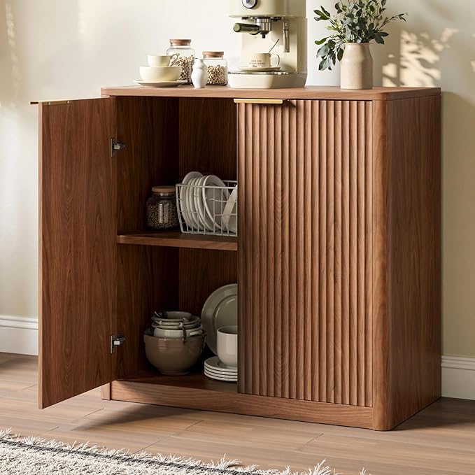 Evermagin 31.5" Walnut Buffet Cabinet with Storage, Small Sideboard Cabinet, Mid Century Modern Accent Credenza, Fluted Console Table with Doors for Dining Room, Kitchen, and Living Room