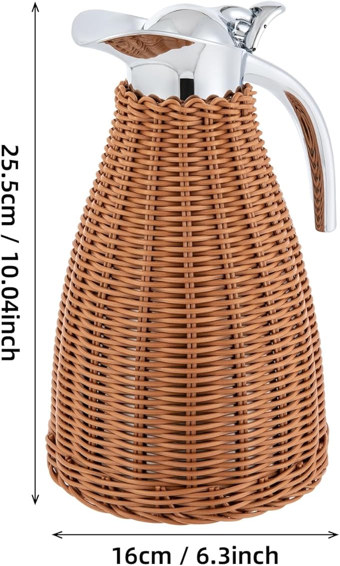 Stainless Steel Coffee Thermal Jug 1.5L/0.4 Gal Rattan Thermal Jug Double Walled Vacuum Insualted Jug with Handmade Rattan Body for Hot Liquids Keeping Hot with Silicone Lid for Home Coffee Shop