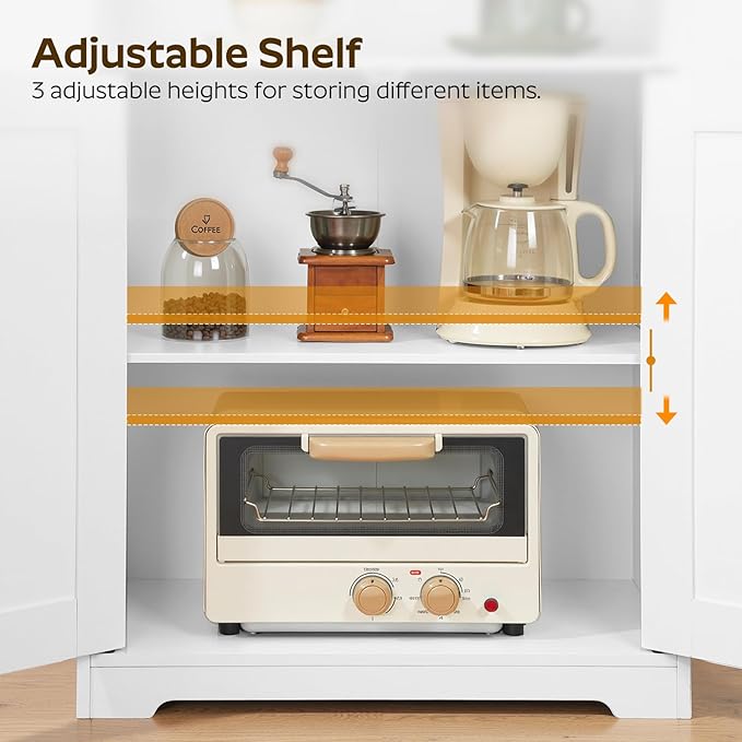 Coffee Bar Cabinet, Kitchen Island with Storage, Farmhouse Sideboard Buffet Cabinet with Dual-Purpose Floating Shelf and Hooks, for Kitchen, Restaurant, Living Room, White KF22WT