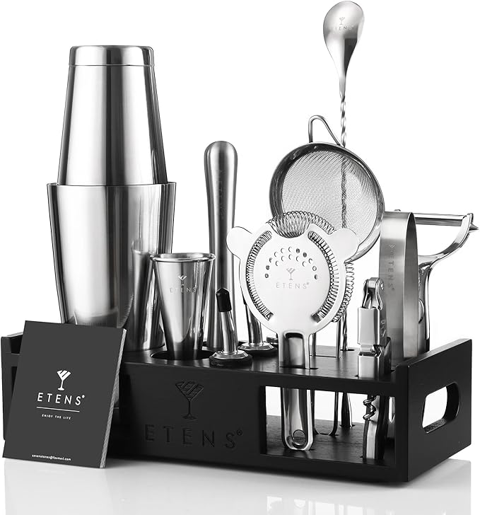 Cocktail Shaker Set Drink Mixer Bar Accessories – 15Pcs Mixology Bartender Kit Includes Boston Shaker, Japanese Jigger, Strainer, Bottle Opener, Cocktail Mixing Spoon – Handcrafted Wood Stand