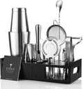 Cocktail Shaker Set Drink Mixer Bar Accessories – 15Pcs Mixology Bartender Kit Includes Boston Shaker, Japanese Jigger, Strainer, Bottle Opener, Cocktail Mixing Spoon – Handcrafted Wood Stand