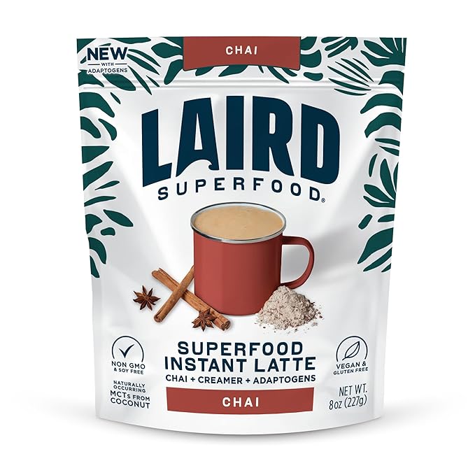 Laird Superfood Chai Instant Latte with Adaptogens - Instant Chai Tea Powder with Superfood Coconut Creamer - Gluten Free, Non-GMO, Vegan, 8 oz. Bag, Pack of 1