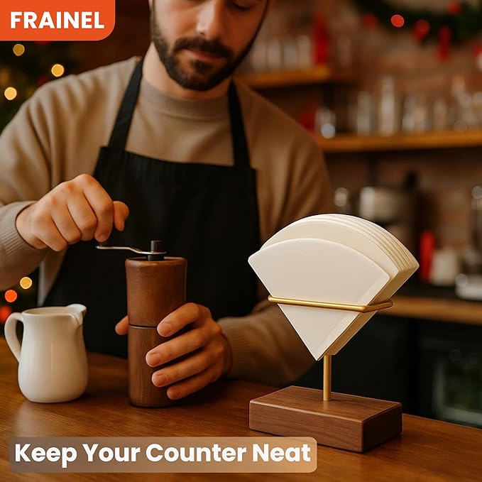 Walnut Wood Coffee Filter Holder, Cone Coffee Filter Paper Stand, Coffee Paper Storage Container for Counter, Bar Accessory, Table Decor | Compatible with V60#01#02