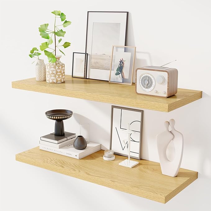 Dreamland 36" Floating Shelves for Wall, 12" Deep Slim Oak Floating Shelves, Wall-Mounted Shelves for Bedroom, Living Room, Kitchen, Bathroom - Set of 2