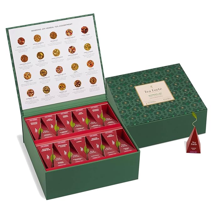 Tea Forte Warming Joy Holiday Herbal Premium Tea Chest Gift Sampler, 40 Count, 2 of each Variety Blend Individually Wrapped Handcrafted Pyramid Infuser Bags