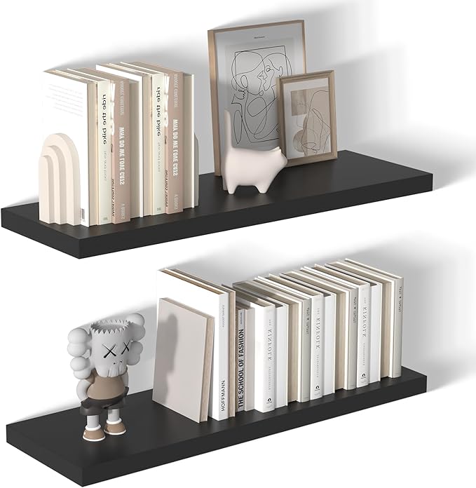 12 Inch Deep Floating Shelves for Wall 2 Pack Floating Shelfs Large Storage Space Wall Decor Display Shelf for Bathroom Living Room Bedroom Kitchen 36" W x 12" D x 1.2" H Black