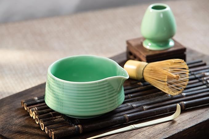 Traditional Matcha Tea Ceremony Tools, 4 Pcs Bamboo Matcha Whisk Set and Matcha Bowl with Spout and Whisk for Ceremony, Gift-Ready Presentation