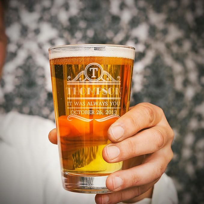 HomeWetBar Custom Pint Glasses Set of 4 - Personalized Beer Glasses Set, Marquee Beer Pint Glasses