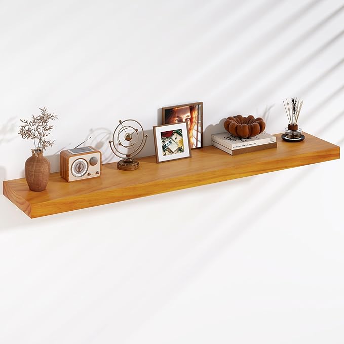 Fun Memories Floating Shelves, 9.3 Inch Deep Solid Pine Wood Wall Shelves for Storage, Rustic Wall Mounted Display Shelf with Invisible Heavy-Duty Metal Bracket, 55 Inch Width, Honey Oak