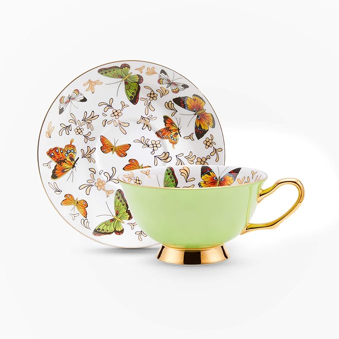 LURRIER Coffee Cup Mug with Saucer for Latte, Cappuccino Tea with Butterflies 6.8 Oz Fine Bone China, Dishwasher Safe, Reactive Glaze, 1 Pcs (Green)