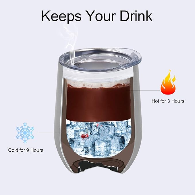 6 Pack Stainless Steel Wine Tumblers, 12Oz Insulated Wine Tumbler, Double Wall Insulated Wine Glass, Stainless Steel Stemless Wine Cups with Lids for Coffee, Wine, Cocktails, Champaign, Silver