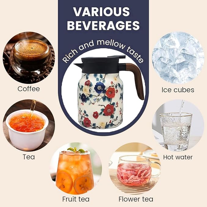 Vintage Pattern Coffee Carafes, 35 Oz/1 Liter - Hot and Cold with Infuser, Perfect for Parties/Home Use (Plum Flower)