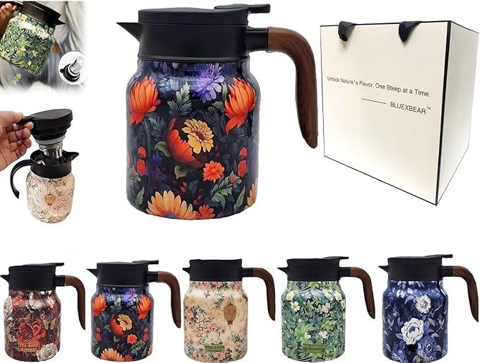 Vintage Floral Pattern Teapot, Doresty Tea Pot, Vintage Floral Pattern Tea-Built-In Infuser, Stainless Steel Thermal Carafe with Lid for Hot Drinks (Orange, Plastic handle)