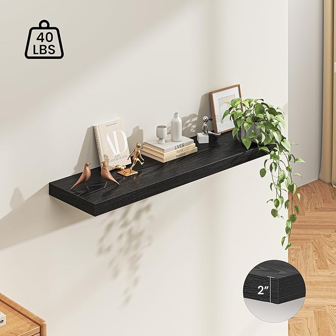 Dreamland 55" Floating Shelves for Wall, 12" Deep Thicker Black Floating Shelves, Wall-Mounted Shelves for Bedroom, Living Room, Kitchen, Bathroom - Set of 1