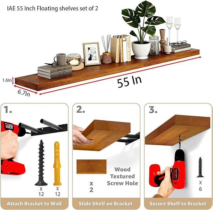 IAE Floating Wall Shelves 55 inch,Bathroom Shelving Wall Mounted,Invisible Shelf Floating Kitchen Shelves,Wooden Wall Shelf with Brackets for Living Room Wall Mounted,Easy Install,Set of 2,Teak
