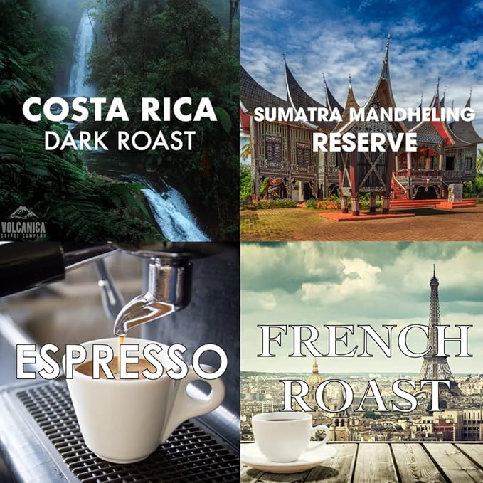 Dark Roast Coffee Gift Box, Ground, Fresh Roasted, 4 X 16-ounces, Costa Rica Reserve, Sumatra Mandheling Reserve, Espresso Dark Roast, French Roast