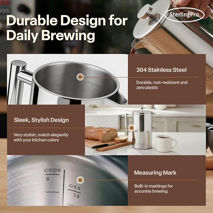 Stainless Steel French Press Coffee Maker Large 1 L(34 oz) Mirror – Durable Double Walled Insulated Coffee Press Keeps Drinks Hot, Easy to Use and Clean Stylish Design for Rich Flavor