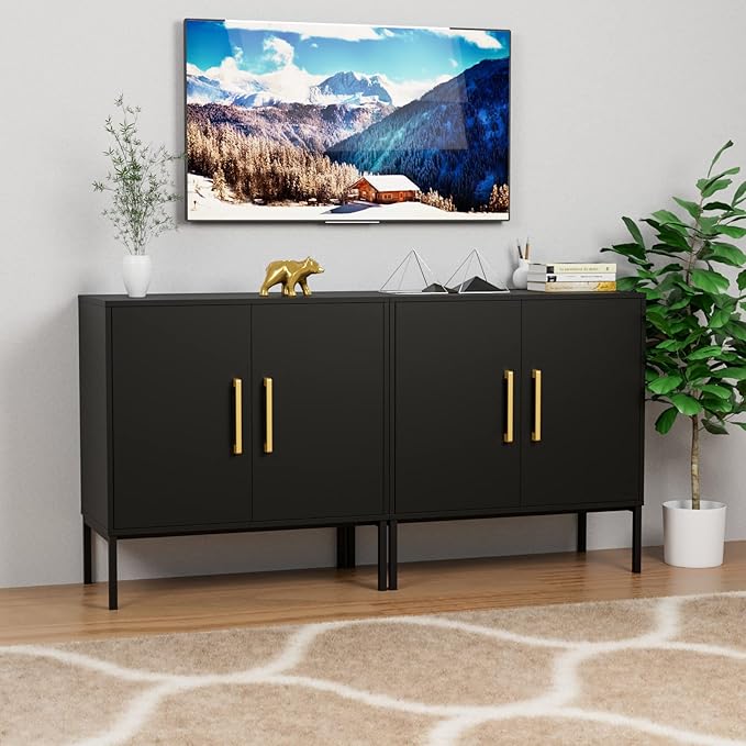 CARPETNAL Set of 2 Accent Storage Cabinet with Doors and Adjustable Shelf, Freestanding Buffet Cabinet, Modern Sideboard Buffet Cabinet for Living Room, Dining Room, Kitchen, Hallway (Black)