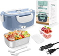 Electric Heated Lunch Boxes Adults: 80W Electric Lunch Box Food Heated 12/24/110V 1.5L Heatable Lunch Box for Car/Truck/Office Leak-Proof Stainless Steel Container,Fork & Spoon,Bag (Light Blue+White)