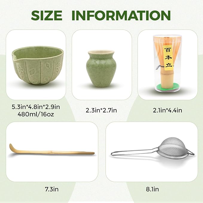 Matcha Whisk Set-5pcs, 16OZ Japanese Tea Set Includes Matcha Bowl with Spout, Bamboo Whisk with Ceramic Holder, Bamboo Scoop and Stainless Steel Sifter
