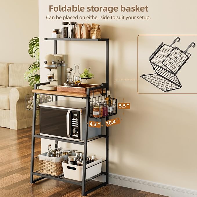 Bakers Rack with Foldable Basket, Large 4 Tiers Coffee Bar Station, Kitchen Microwave Stand with Storage, Metal Shelf Rack for Living Room, Office, Garage (Rustic Brown)