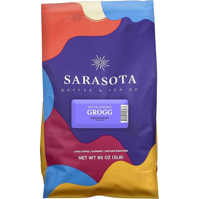 Sarasota Coffee Whole Bean Highlander Grogg | Medium Roast Gourmet Flavored Coffee Beans | Low Acid, Mold Free, Specialty Grade Flavored Bulk Beans | 5lb (80 oz)