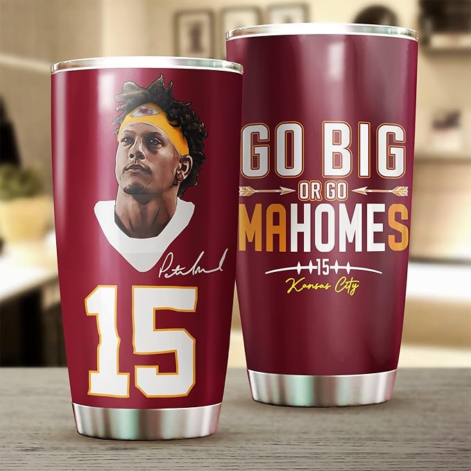 Patrick Mahomes II Tumbler - Go Big Or Go Mahomes - Coffee Tea Mug Insulated Tumbler With Lid - Birthday, Christmas, Thanksgiving Day Gifts For Football Fans - 20 Oz| Stainless Steel Mug