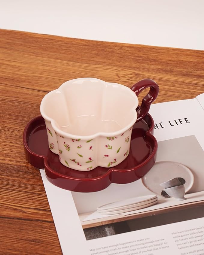 Ceramic Coffee Mug with Saucer Set, Creative Cute Cup with Flower Coaster for Office and Home, 8.4 oz/240 ml for Tea Latte Milk-Pink Cherry (Pink Cherry)