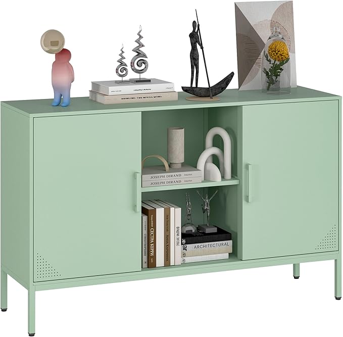 Metal TV Stand for 65 Inch TV, Metal Storage Cabinet Sideboard Buffet Cabinet Coffee Bar 2 Door Locker Pantry for Office Home Kitchen (Green, 47.24" D x 13.78" W x 29.53" H)