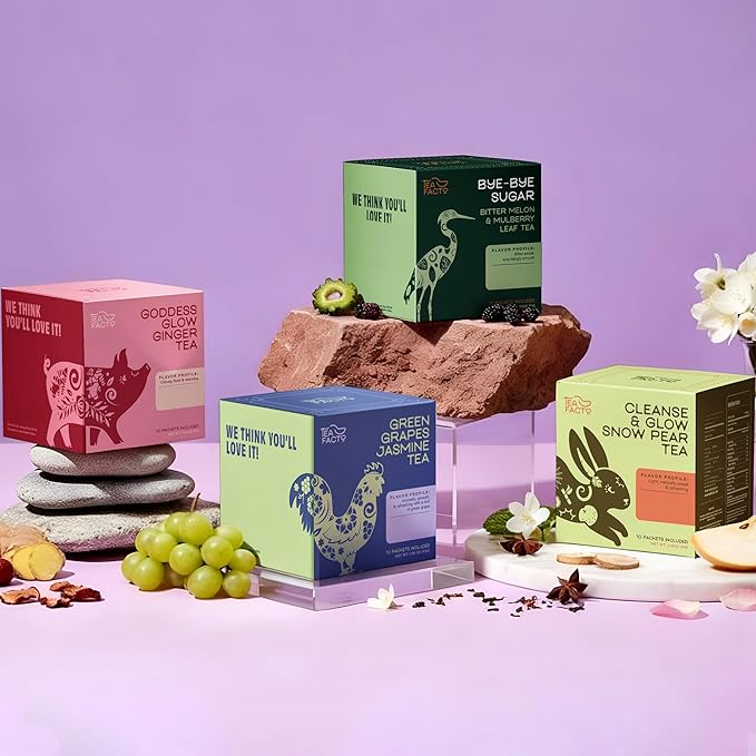 Tea Facto Herbal Tea Sampler Set Depuff Collection with Bitter Melon, Mulberry Leaf, Ginger, Pear & Green Grapes Jasmine - Fancy Tea Sampler Gift Set Box - Natural Fiber, Zero Added Sugar - 40 Count