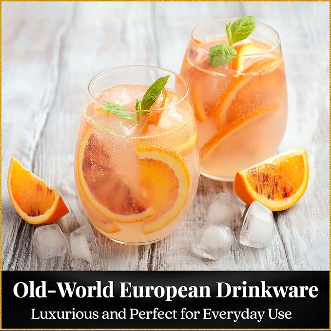 Improved Design of Our 2017 New York Times Best Stemless Glass – Set of 6 European-Made Stemless Wine Glasses, Reinforced Base for Added Stability & Premium Feel, Dishwasher-Safe, Lead-Free, 17 oz.